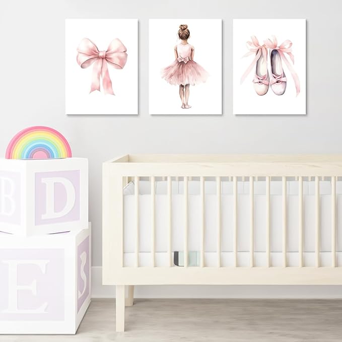 Set of 3 Baby Girl Pink Ballet Nursery Wall Art, Girl's Room Ballet Dancer Posters, Pink Bow Dancing Shoes, Girls Nursery Wall Decor, Toddlers Girl Bedroom Canvas Print, Framed 16"x24"