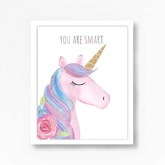 Watercolor Unicorn Nursery Wall Art Girls Room Decor Inspirational Rainbow Flower prints Baby Girls Room Poster Colorful Picture Cute Paintings for Kids Room Lovely Gift (8x10 inch，Set of 4，Unframed)