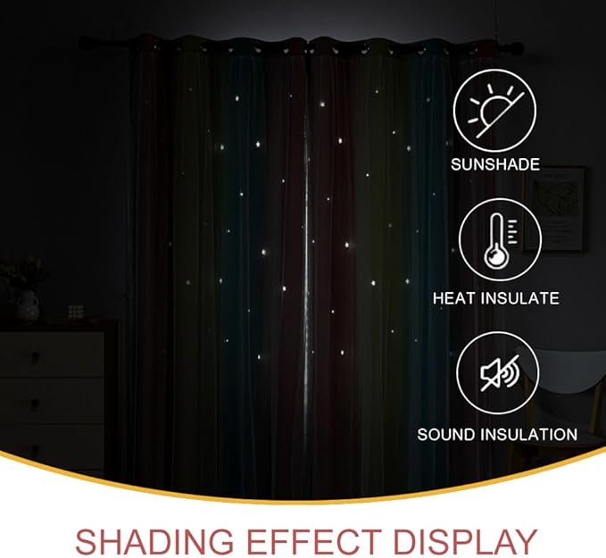 Star Girl and Kids Curtains for Bedroom Rainbow Ombre Double Layer Cute Shot Nursery Darkening Grommet Princess Room Décor 2 Panels Living Room Window Curtain （Blue Pink 52W x 72L）