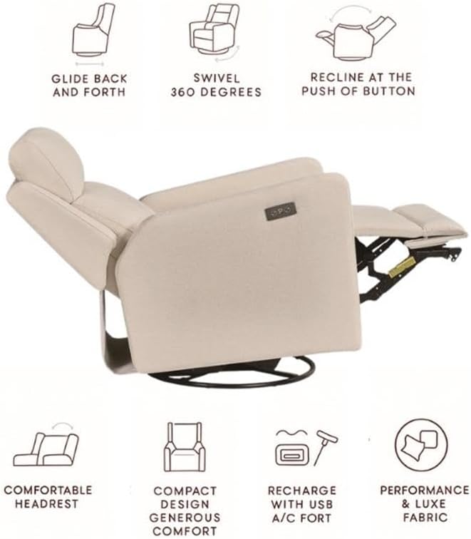 Pemberly Row Premium Fabric Glider Power Recliner Nursery Rocking Chair for Living Room, Kids Room, Rocker Swivel Recliner with USB Port in Tan Brown