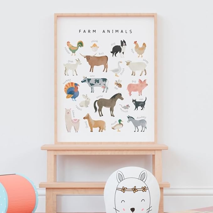 OZCONO Farm Animals Learning Poster, Vibrant Rural Wildlife Chart Kids, Playroom Wall Decor Art, Homeschool Education Guide (Unframed) (24x36)