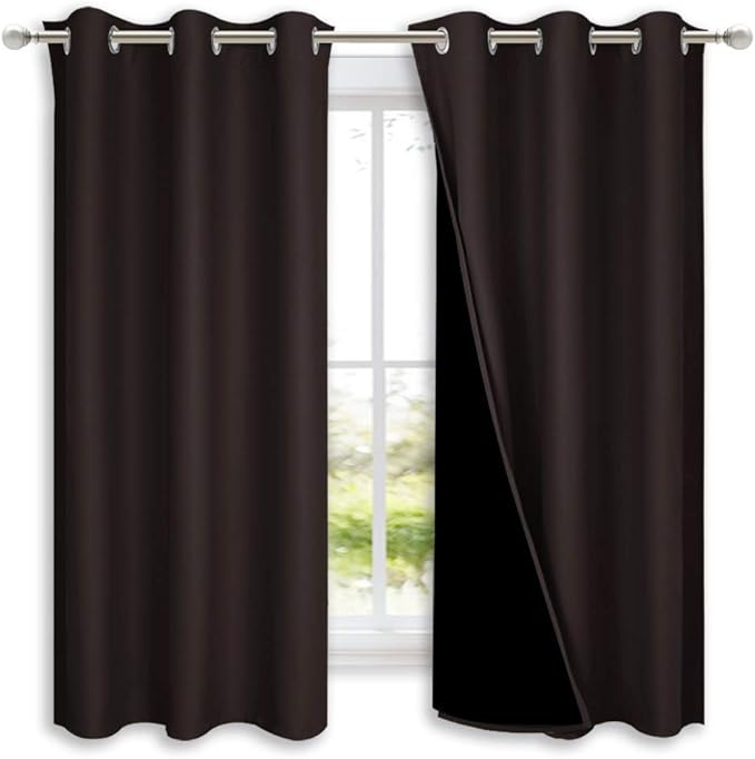 NICETOWN Complete 100% Blackout Curtains, Thermal Insulated & Energy Efficiency Window Draperies with Black Liner, Noise Reducing Short Curtains for Kids Room (Brown, 42-inch W by 63-inch L, 2 Panels)