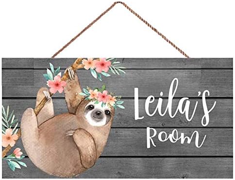 Personalized Name Floral Sloth Door Sign Flowers Baby Nursery Toddler Bedroom Decor Custom Wood Plaque Sign Wall Decor Gift
