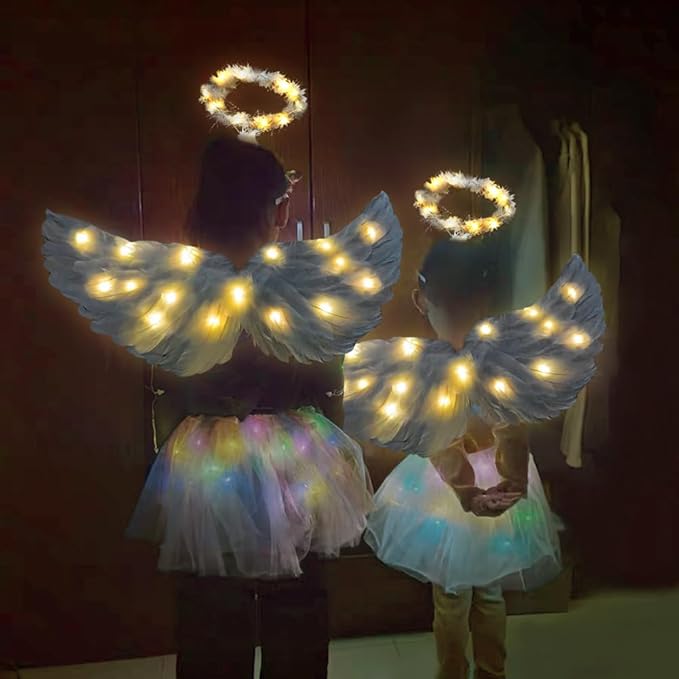 Angel Wings, Light Up Angel Wings and Halo with LED Lights, White Angel Wings Costume for Adult Women Kids Halloween Xmas
