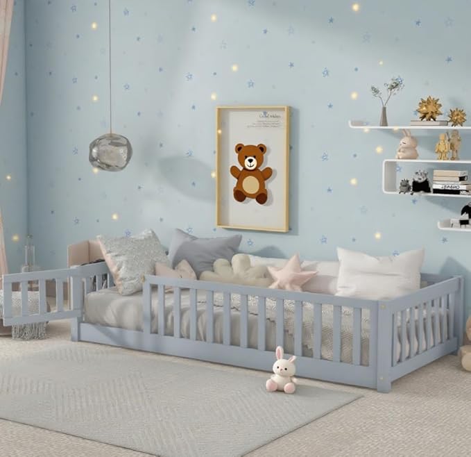 Bellemave Twin Size Floor Bed for Kids, Girls, Boys, Rubber Wood Floor Bed with slats and Door, Grey
