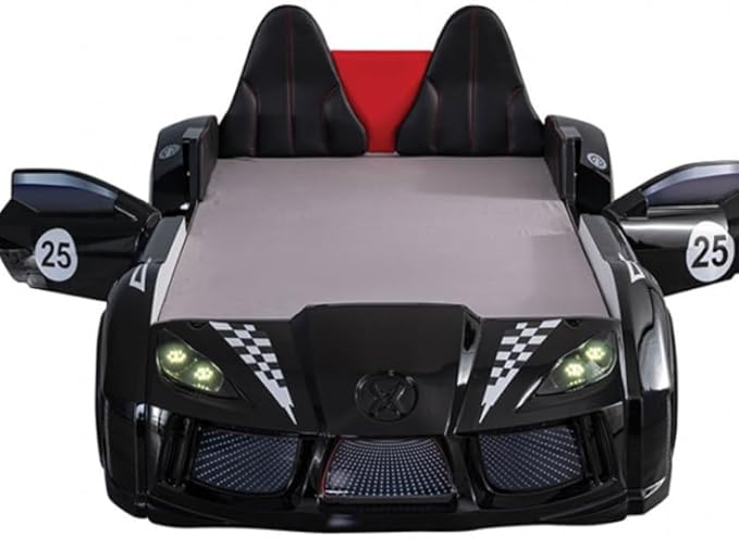 MASARA Race Car Twin Bed with LED Lights, Music Player, Magnetic Doors (Black)