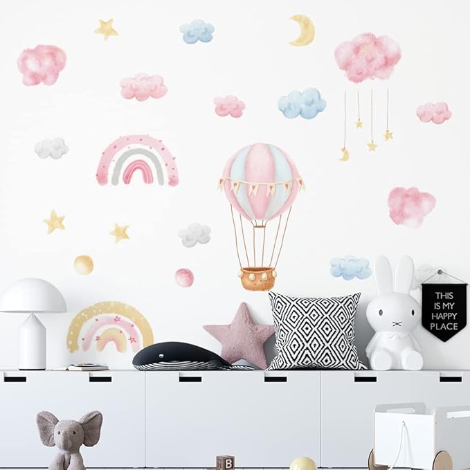 fanquare Rainbow Hot Air Balloon Wall Decals Pink Clouds Moon Stars Wall Stickers Watercolor Wall Decor for Kids Girls Bedroom Living Room Decor