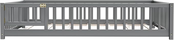 i-POOK Twin Floor Bed for Children, Sturdy Wood Montessori Bed Frame with Wood Slats, Fence & Door, Montessori Floor Bed for Girls and Boys, Gray