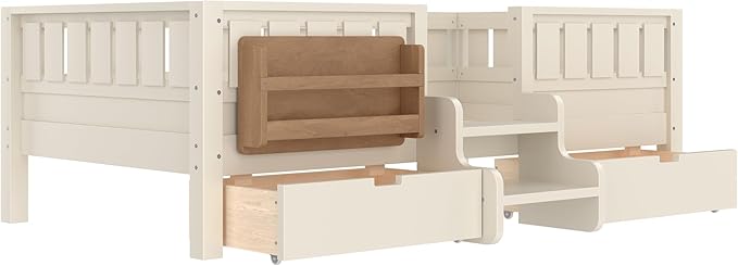 Bellemave Twin Bed with Slats and Stairs, Twin Size Platform Bed Frame with Fence, Bookshelf and Storage Drawers, Easy Assemble Beds for Kids, Girls, Boys, Beige