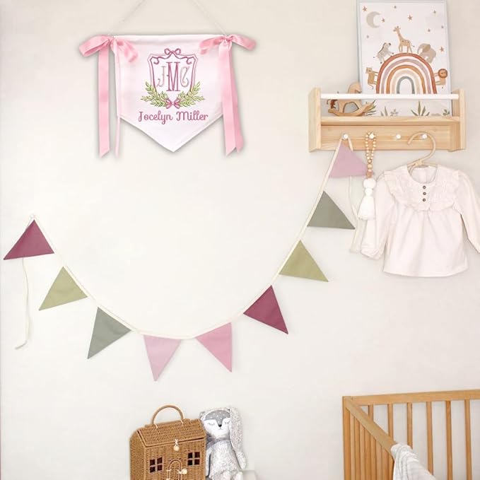 Embroidered Baby Name Sign Personalized Baby Announcement Sign Newborn Baby Banner with Bows Baby Hospital Name Sign Canvas Hanging Pennant Flag Custom Infant Baby Name Baby Shower Banner (01)