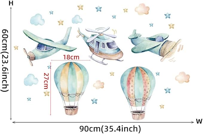 Cartoon Colorful Airplane Hot Air Balloon Wall Stickers Cloud Star Removable Vinyl Wall Decals for Kids' Rooms Nursery Classroom