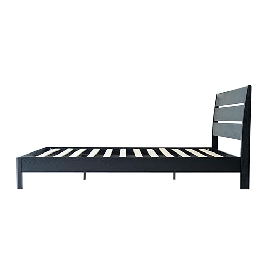 Queen Size Solid Wood Platform Bed Frame with Headboard & Footboard, Metal Legs with 12 Durable Slatted Base, Easy Assembly, No Box Spring Needed, Noise-Free & Anti-Slip, Ebony Oak Finish, QIQ-35