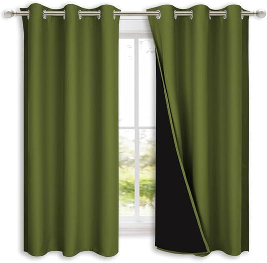 NICETOWN 100% Blackout Short Curtains with Black Liners, 2 Panels, 37" W by 50" L, Olive Green, Solid Thermal Insulated Full Blackout 2-Layer Lined Drapes, Energy Efficiency Window Drapes for Bedroom