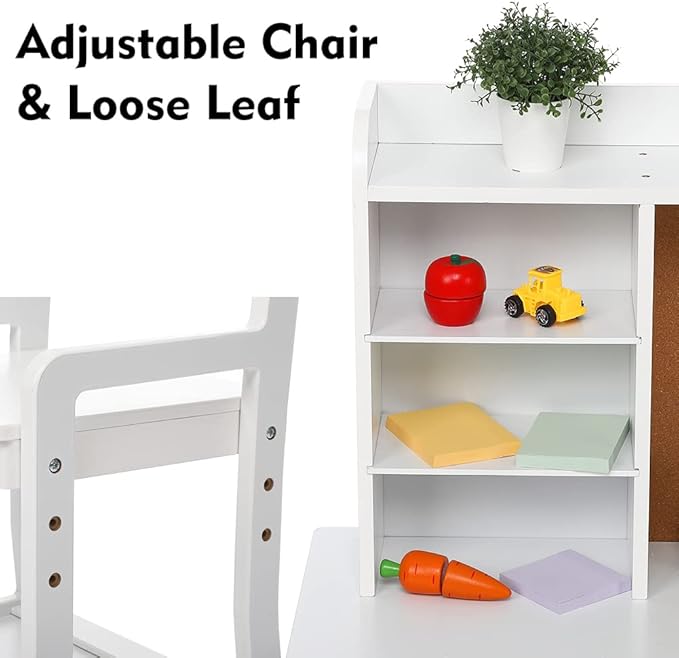 White Study Desk and Chair Set with Bookshelf, Bulletin Board, and Cabinets - Ideal for Boys and Girls Ages 3-8
