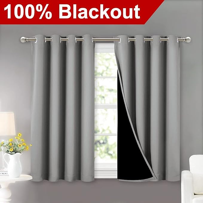 NICETOWN 100% Blackout Curtains with Black Liners, Thermal Insulated Full Blackout 2-Layer Curtains, Energy Efficiency Window Draperies for Dining Room (Silver Grey, 2 Panels, 52-inch W by 45-inch L)