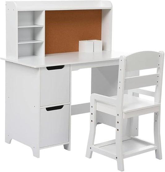 White Study Desk and Chair Set with Bookshelf, Bulletin Board, and Cabinets - Ideal for Boys and Girls Ages 3-8