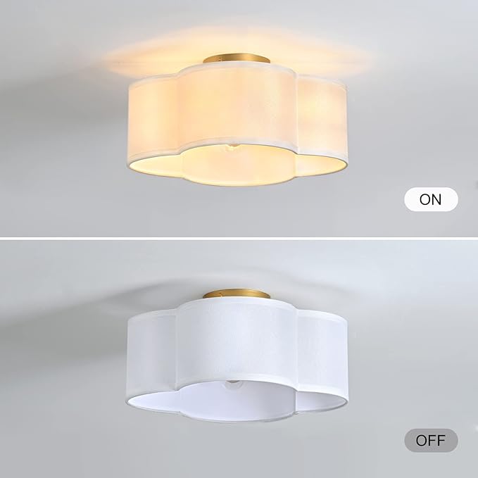 Gold 4-Light Semi Flush Mount Ceiling Light, White Fabric Close to Ceiling Light Fixtures, Clover Drum Ceiling lamp for Bedroom, Hallway, Kitchen, Corridor, Lanudry Room, Nursery