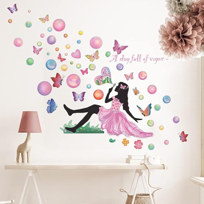 Fairy Girl Blowing Bubble Wall Decal with Colorful Flying Butterfly and Flower Wall Sticker 42.5x37.4inch Removable Self-adhsive Vinyl Wallpaper for Kids Bedroom Nursery Home Decors