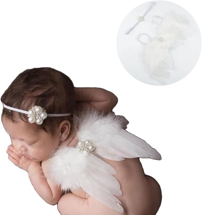Nishine 2 PACK White Newborn Fuzzy Feather Angel Wings + Headband Set for Baby Cosplay Girls Costume Photography