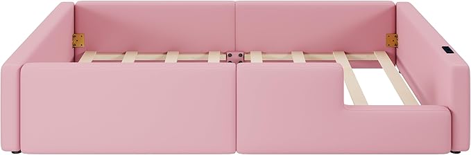 Twin Size Upholstered Platform Bed with Safety Guardrail, Montessori Kids Floor Bed, Child Grounded Bed with Charging Station and Sturdy Slats Support