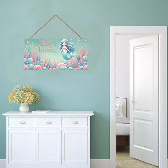 Personalized Vintage Mermaid Art Décor For Kids Room Custom Name Door Wall Decor, Ocean Floral Nursery Art Plate For Girls Bedroom Home Club Cabin Garage Bar