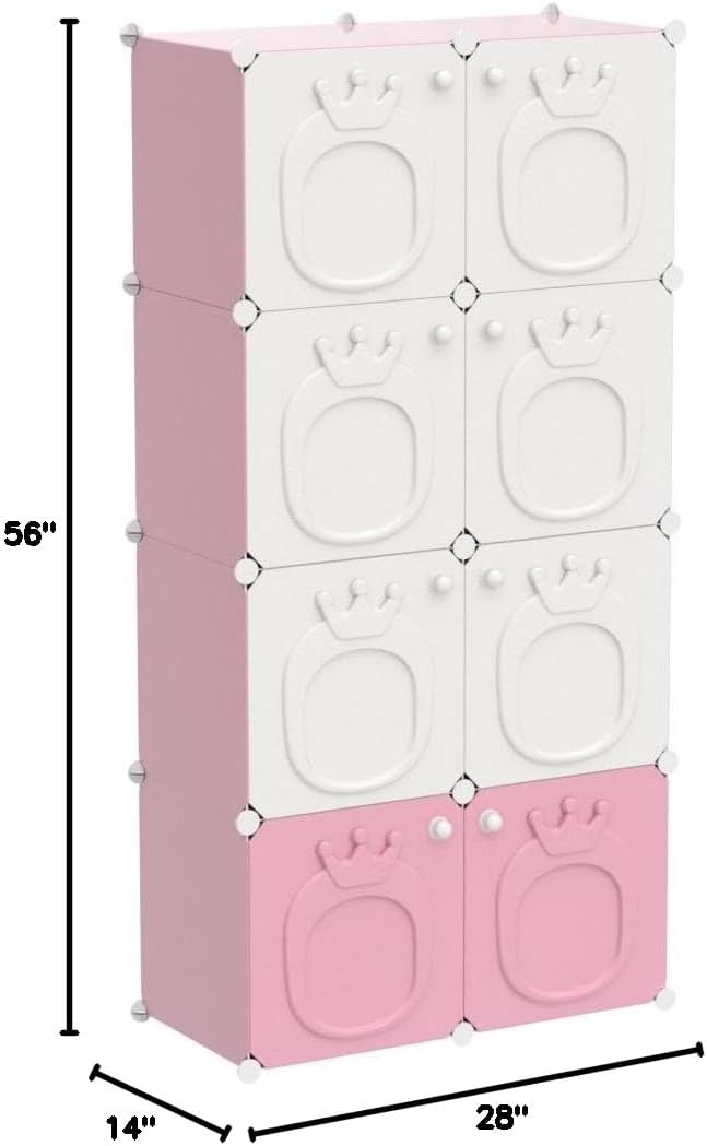 MAGINELS Kids Wardrobe, Baby Girls Closet Armoires Organizer with Door. Open Hanging Children Costume Area and 6 Cube Storage. Pink (28x14x56inch)