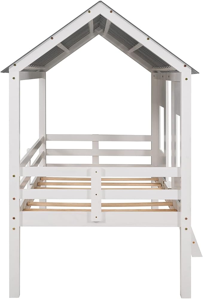 Merax Twin Size Wooden House Bed, Low Loft Bed Frames with Two Front Windows and Roof for Girls and Boys, White(Grey Roof)