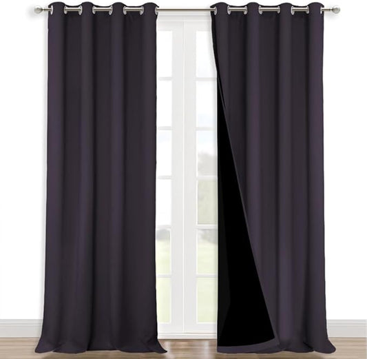 NICETOWN 100% Blackout Curtains for Windows, Pack of 2, Greyish Purple, 52" W x 120" L, Super Heavy-Duty Black Lined Total Darkness Drapes for Bedroom, Privacy Assured Window Treatment for Patio