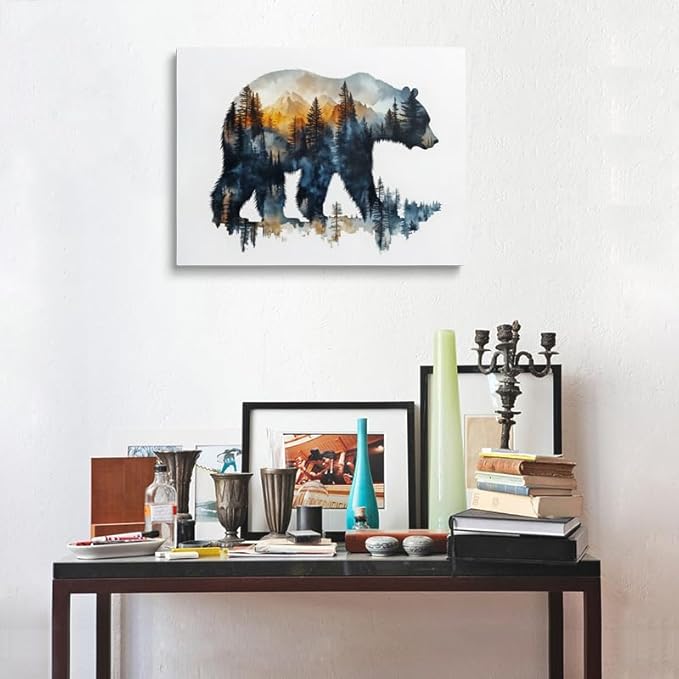 Woodland Bear Silhouette Canvas Wall Art - Framed Nature Painting Print, Mountain Forest Wildlife Wall Decor Artwork and Posters for Cabin, Living Room, Bedroom, Office (16x24 Inches)