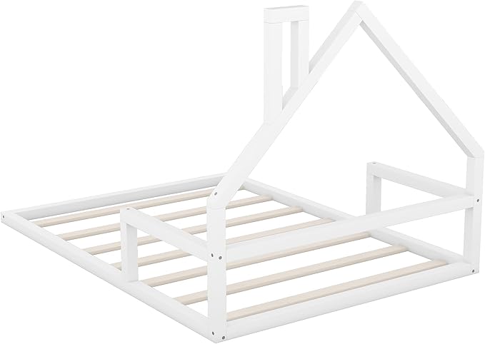 Full Size Wood Floor Bed with House-shaped Headboard and a Chimney,Bedroom Simple Modern Bed Frame W/ Playful Design & No Box Spring Required,for Kids Teens Girls Boys,White