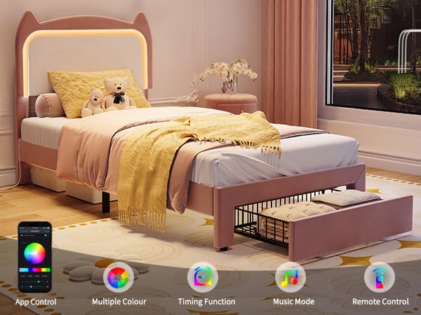 Garvee Twin Upholstered LED Bed Frame with Storage Drawer & Cute Cat Headboard, Velvet Princess Platform Bed Frame with Sturdy Wood Slats Support for Girls/Kids, No Box Spring Needed, Pink