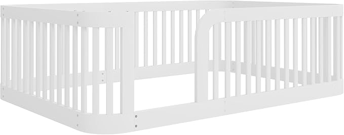 Full Size Floor Bed with High Rails, Montessori beds for Kids Solid Wood Bed Frame, White