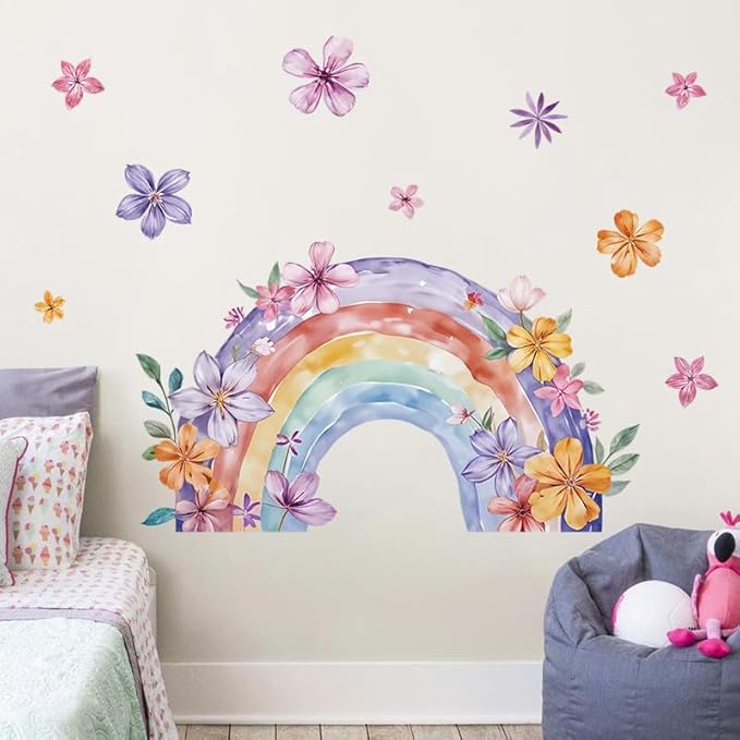Rainbow Wall Decals & Flower Wall Decals – 2 Sheets Large Wall Stickers for Living Room, Bedroom, Nursery, Kids Playroom – Easy Peel & Stick, Waterproof, Removable Rainbow Christmas Decor