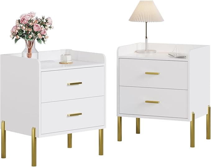 Vabches Nightstand Set of 2 with Built-in Charging Station, White Mid Century Modern Nightstand for Bedroom, Stylish End Tables for Lamps, Books