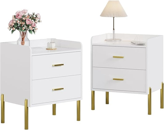 Vabches Nightstand Set of 2 with Built-in Charging Station, White Mid Century Modern Nightstand for Bedroom, Stylish End Tables for Lamps, Books