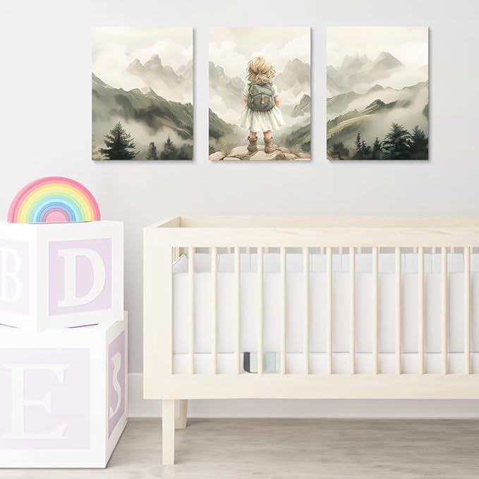 3-Piece Adventure Girl Nursery Wall Art, Mountain & Woodland Forest Nursery Decor for Toddler Room, Adventure Nursery Wall Decor for Kids Baby Girl's Room, Framed Canvas Set, 12"x16"