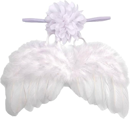Nishine 2 PACK White Newborn Fuzzy Feather Angel Wings + Headband Set for Baby Cosplay Girls Costume Photography