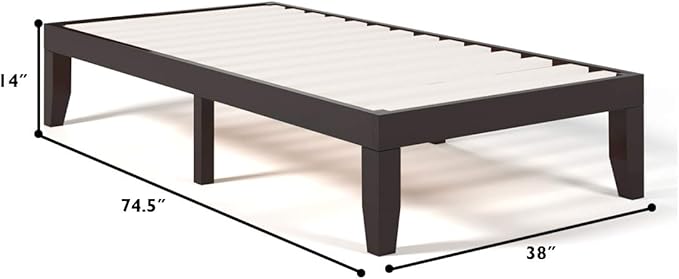 KOMFOTT 14 Inches Wood Platform Bed Frame Twin Size, Wooden Mattress Foundation with Rubber Wood Frame, Strong Wooden Slat Support, No Box Spring Needed, Bed Frame (Dark Brown)