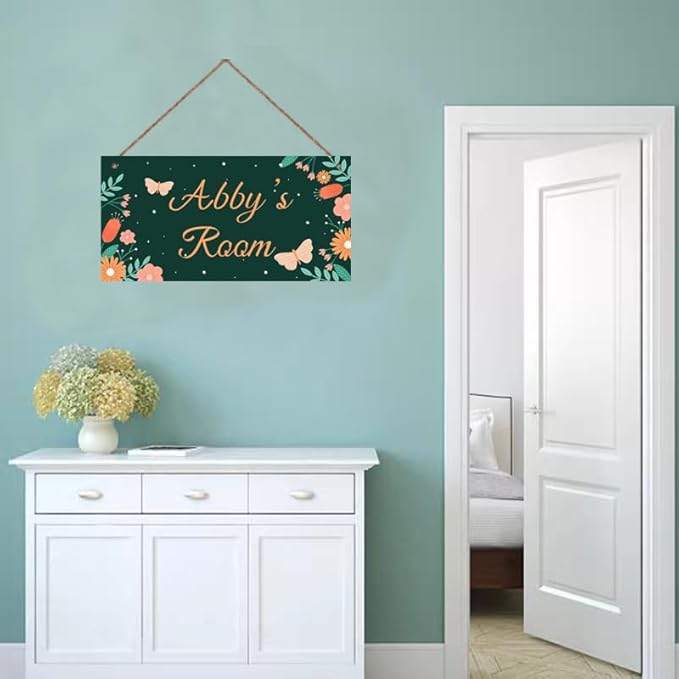Personalized Cute Butterfly Sign Cartoon Flowers Wall Hanging Plaque Sign For Girls Room Door Décor For Nursery Boys Bedroom Home Art Decor For Kids Room
