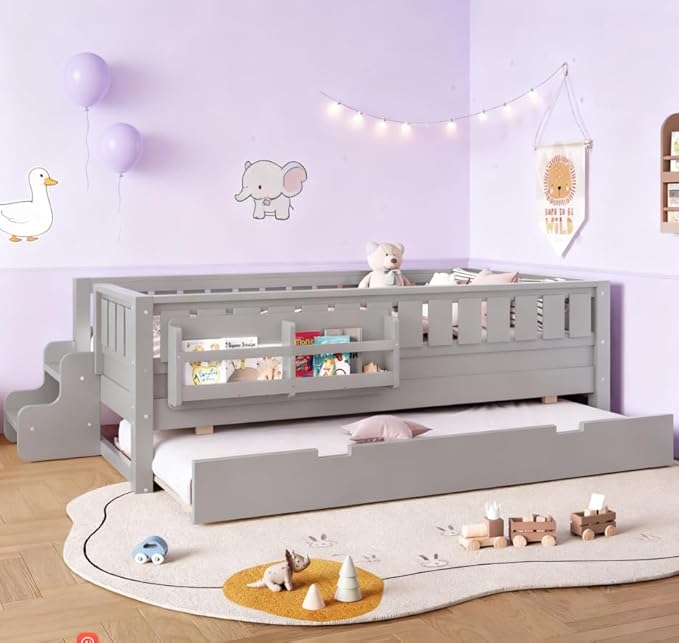 Bellemave Twin Size Kids Bed with high Rails and with Built-in Bookshelf and Trundle for Kids, Girls, Boys, Wood Montessori Bed Without Door, Gray