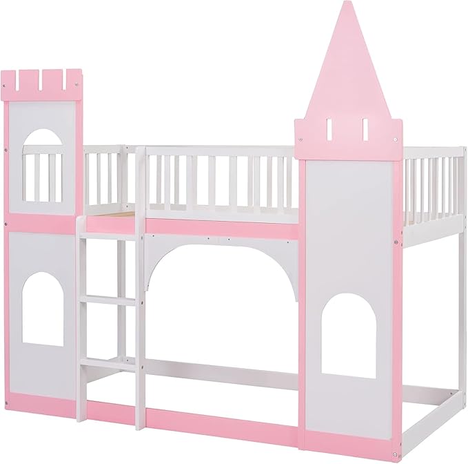 MERITLINE Twin Over Twin Castle Bunk Bed with Ladder,Solid Pine Wood Floor House Princess Bunk Bed Pink