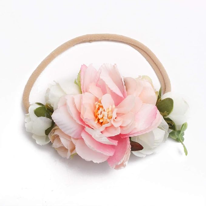 Baby Girl Floral Headbands- 3pcs Nylon Headband Handmade Flower Crown Elastic Hairband Newborn Toddler Hair Accessories Gifts for Girls （1-6 years old）