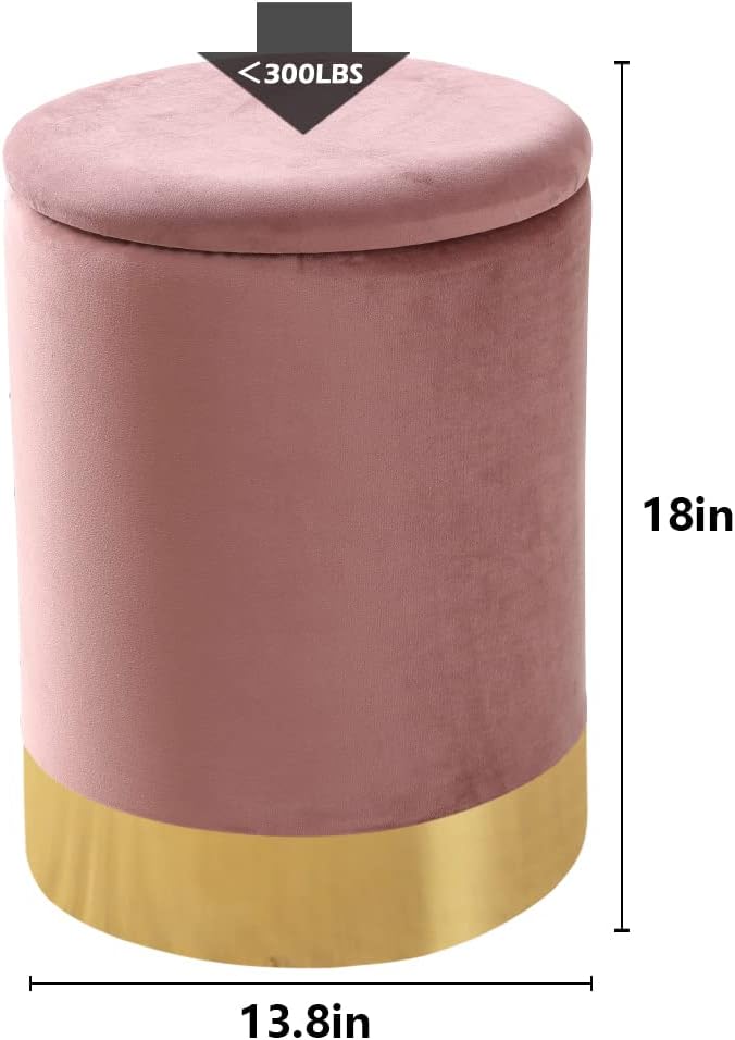 Mxfurhawa Velvet Storage Ottoman Multipurpose Footrest Stool with Metal Base Modern Round Vanity Stool Chair Ottoman Foot Stools Support 300 lbs Padded Seat for Living Room (Dusty Rose (Velvet))