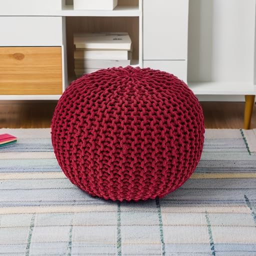 REDEARTH · Round Pouf Ottoman - Hand Knitted Cable Boho Poof - Foot Stool Bean Bag - Home Décor Stuffed Footrest for Living Room - Nursery - Bedroom - 100% Cotton Poufs (19.5"x19.5"x14") - Red