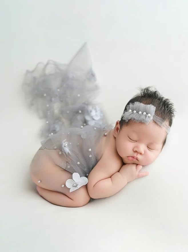 Newborn Baby Photography Props Blanket, Baby Photo Props Pearl Wrap Blanket Headband for Baby Boys Girls Photoshoot (Grey)