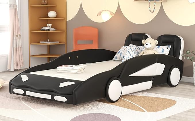 Ball & Cast Twin Size Race Car Shaped Platform Bed with Wheels,Wood Low Floor Bed Frame w/Rails & Headboard,Slat Support,No Box Spring Needed,for Apartment,Dorm,Black
