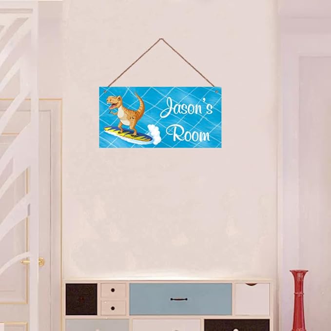 Personalized Dinosaur Sign Surf Riding Art Decor For Kids Room Custom Name Door Wall Decor, Floral Nursery Art For Boys Room Baby Bedroom Girls Cave, 5*10inch Tin Wood Wall Mount Sign