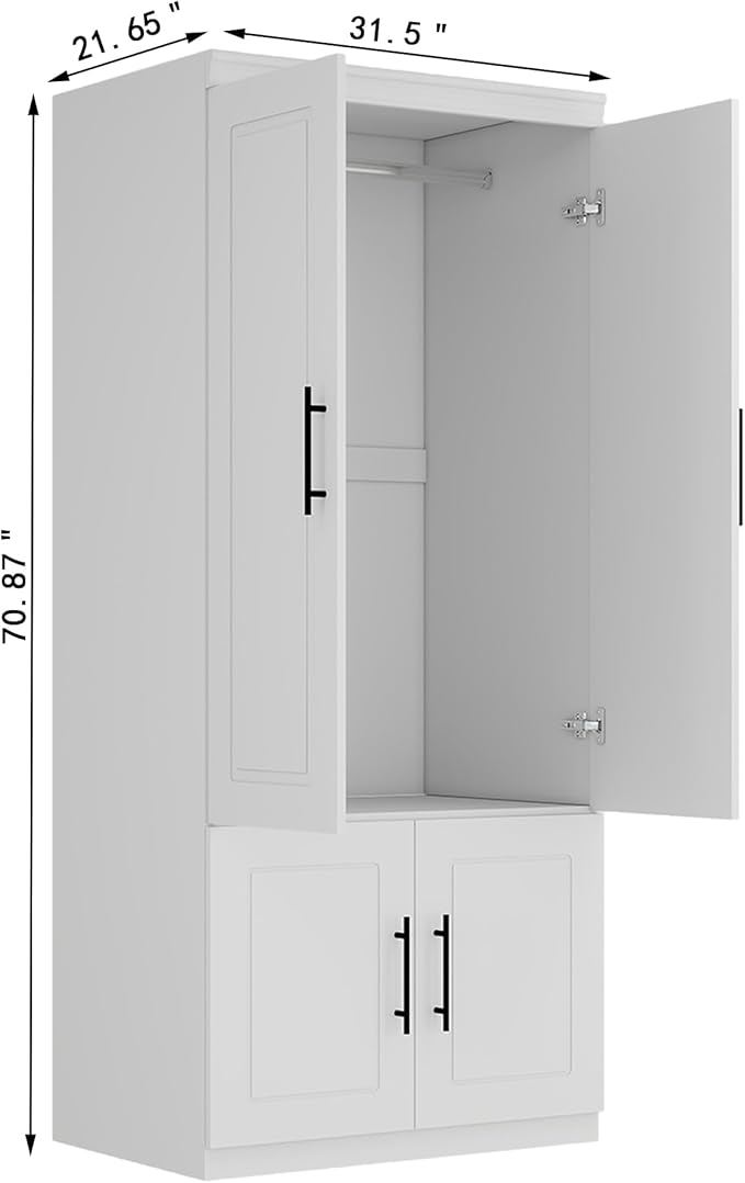 Armoire Wardrobe Closet with 2 Door, White Wood Wardrobe Closet Cabinet Wooden Bedroom Armoire with Hanging Rods & Shelves for Home/Bedroom/Living Room Style-52