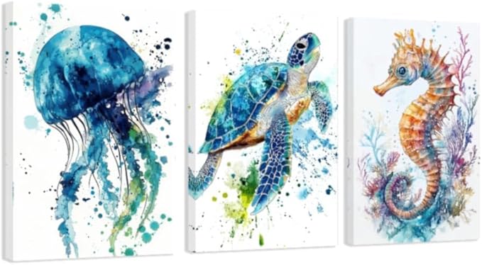 DOARTDO Ocean Animals Wall Art 3 Pieces Sea Animals Canvas Prints Watercolor Seahorse Jellyfish Sea Turtle Pictures Kids Nursery Bathroom Home Decor Framed (16"x24"x3 Pieces)