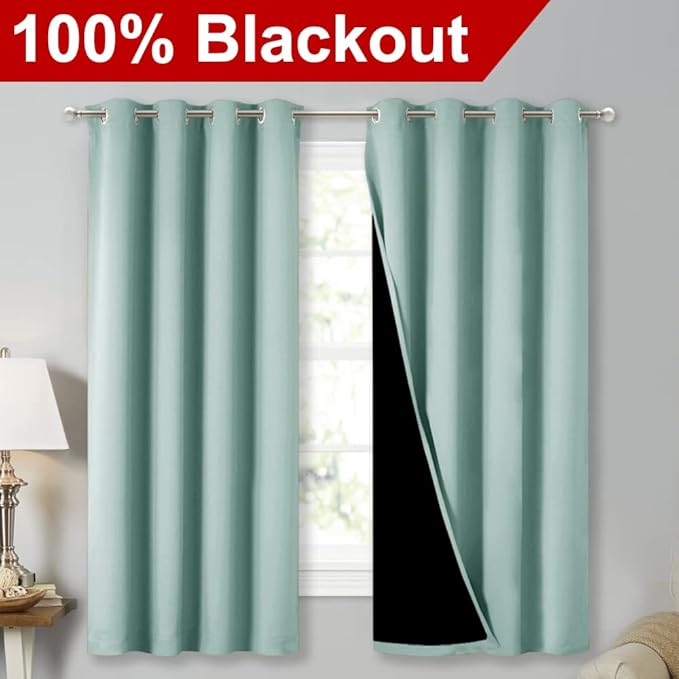 NICETOWN Extra Long Truly Blackout Drapes for Hall and Villa, 46-inch Width Each Panel, 45-inch Length, Aqua Blue, 2 Pieces, 100% Blackout Window Curtain Panels with Black Lined for Night Shift Worker